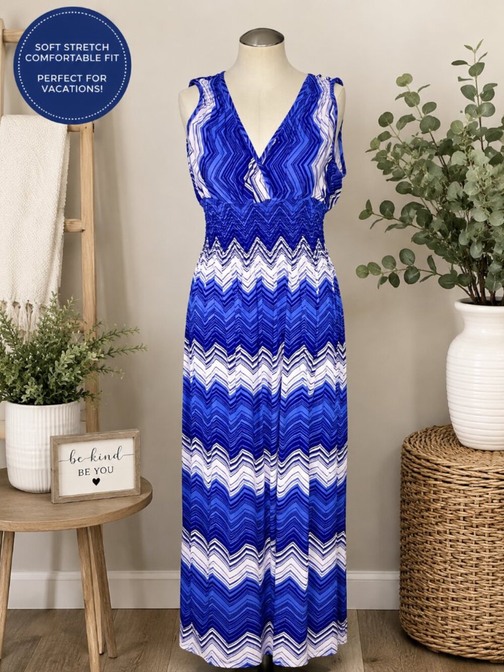 Jon & Anna Blue Chevron Maxi Dress Size L Sleeveless Empire Waist Stretch
